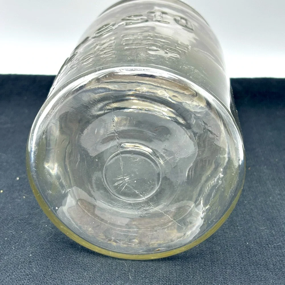 VTG. Rare Presto wide mouth cylindrical shape qt. Jar with glass bow tie lid.